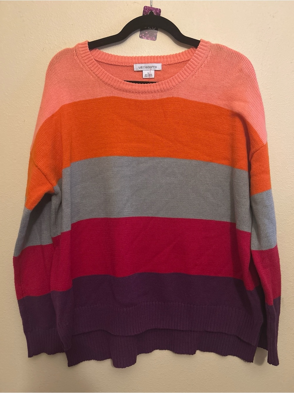 Liz Claiborne Women’s Multicolor Stripe Crewneck Sweater - Pink/Orange/Gray